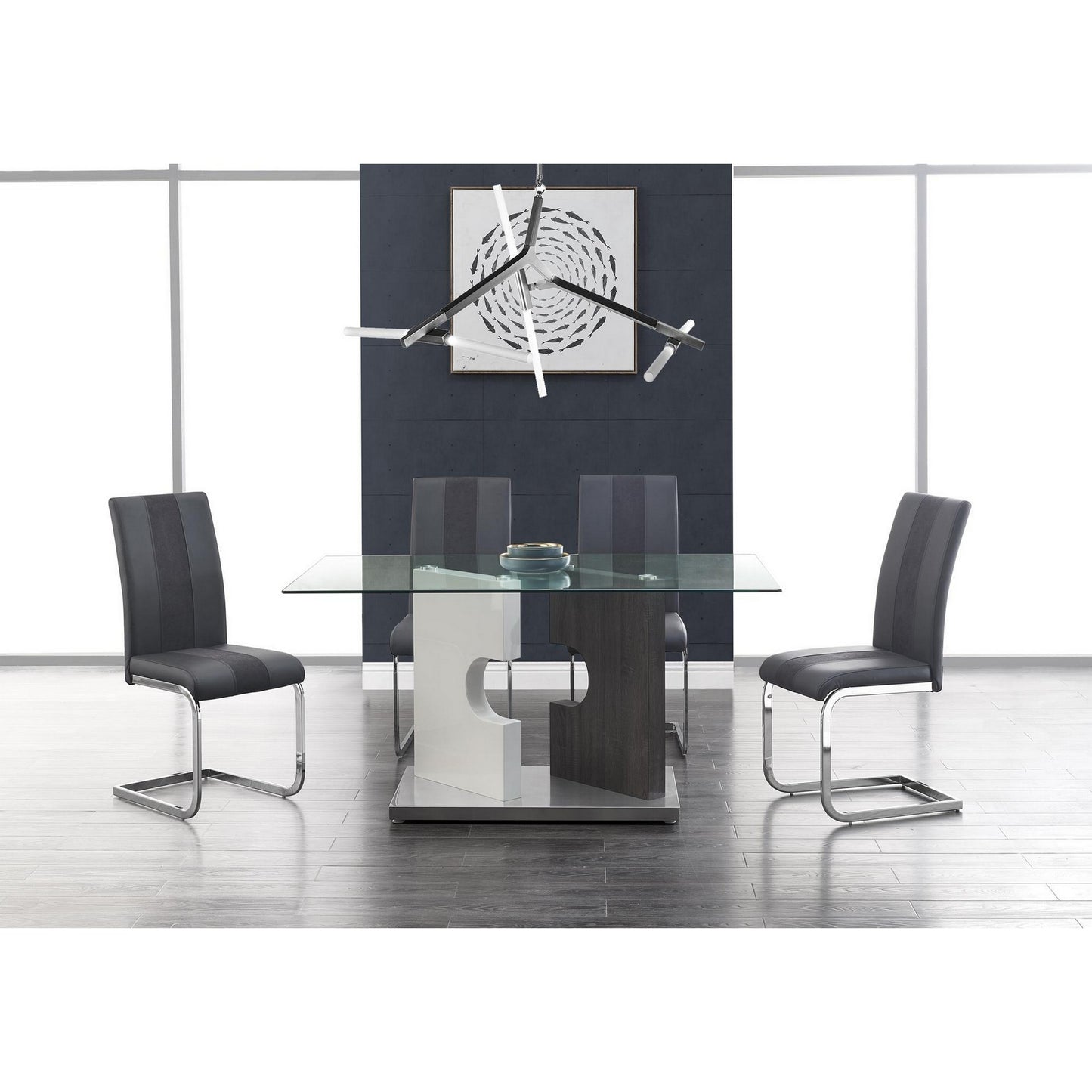 Set of Four Gray and Silver Upholstered Faux Leather Dining Side Chairs