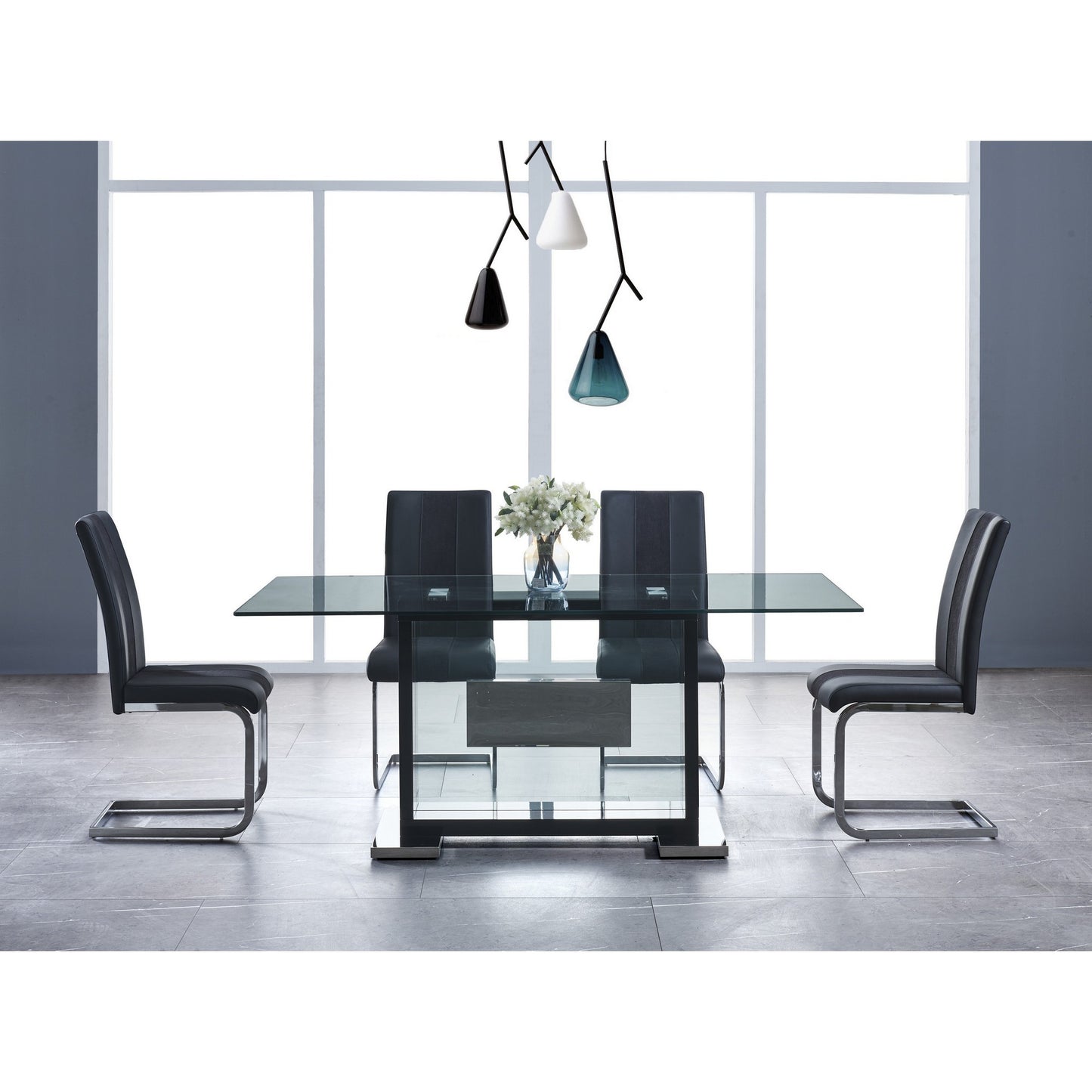 Set of Four Black and Silver Upholstered Faux Leather Dining Side Chairs