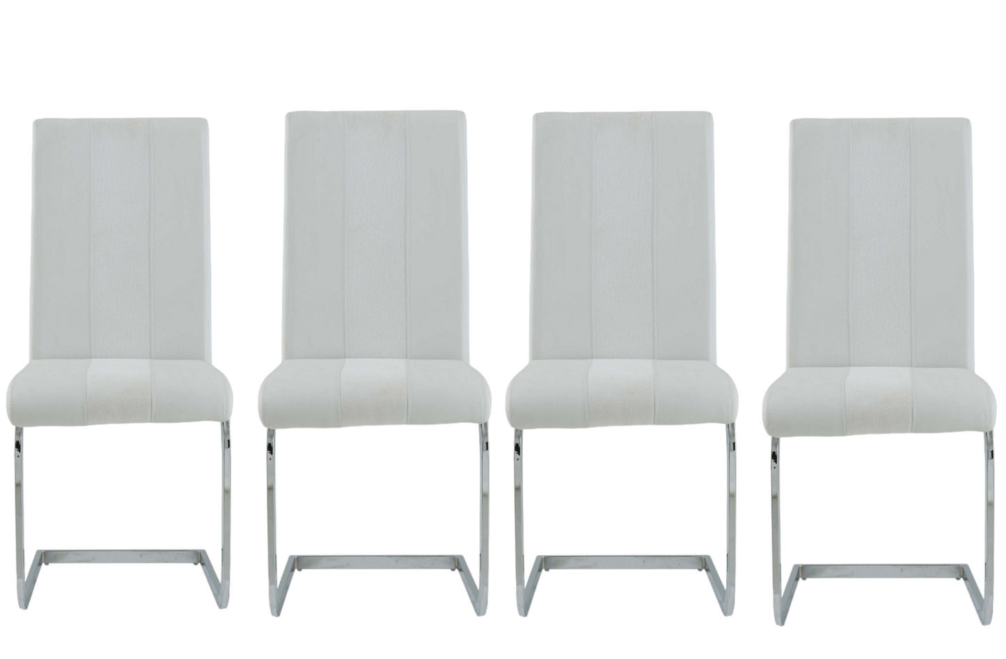 Set of Four White and Silver Upholstered Faux Leather Dining Side Chairs