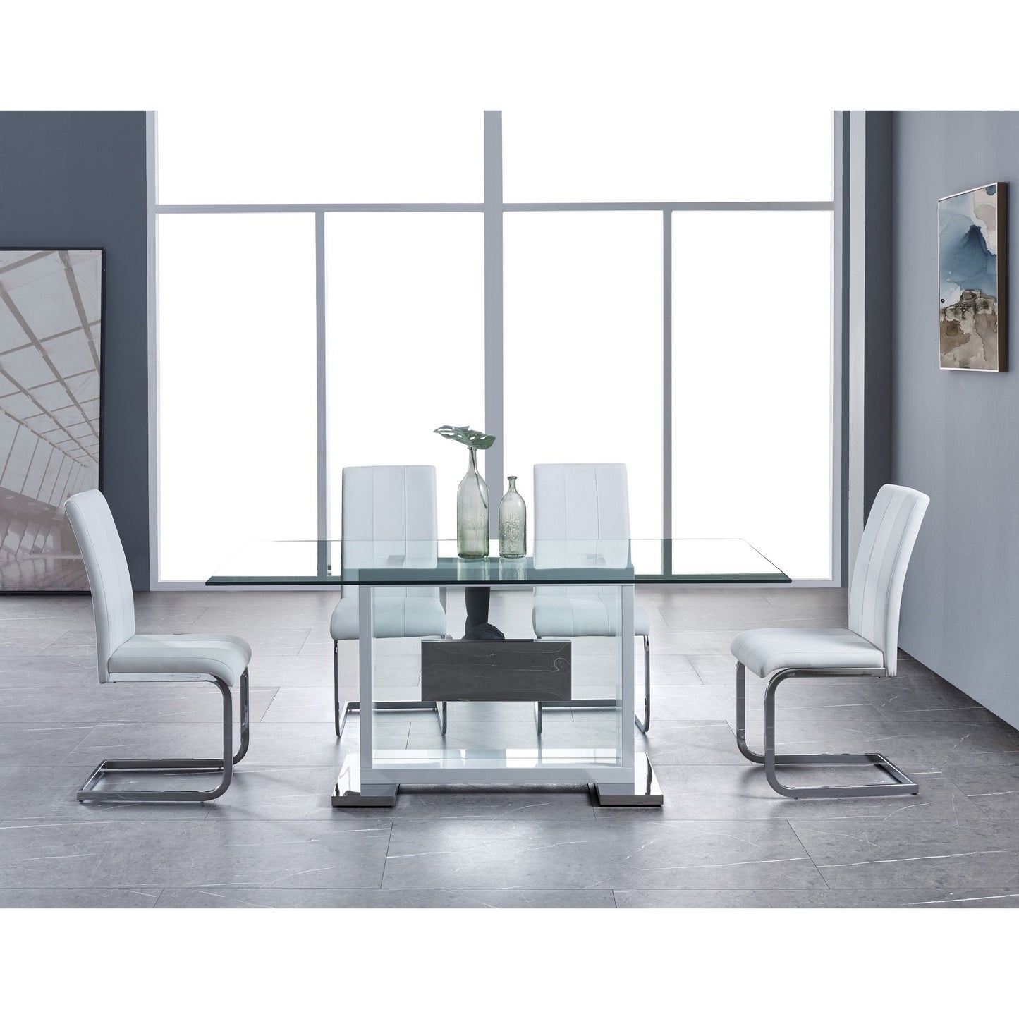 Set of Four White and Silver Upholstered Faux Leather Dining Side Chairs
