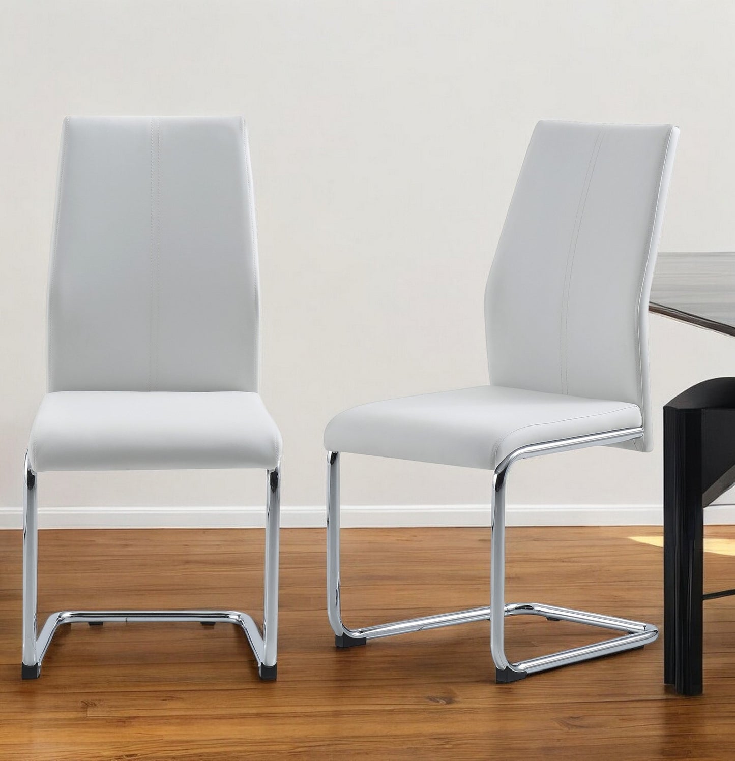 Set of Four White and Silver Upholstered Faux Leather Dining Side Chairs