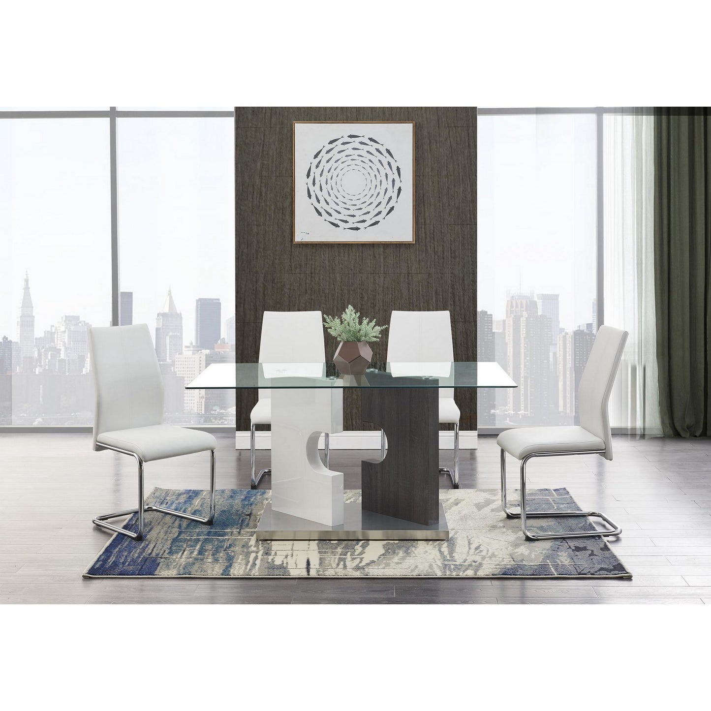 Set of Four White and Silver Upholstered Faux Leather Dining Side Chairs