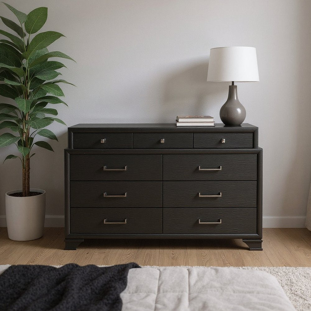 59" Gray Solid Wood Nine Drawer Double Dresser