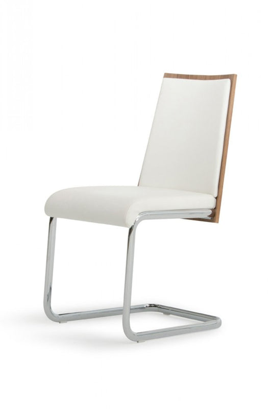 Set of Two White and Silver Upholstered Faux Leather Dining Side Chairs