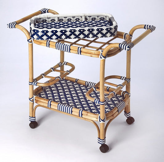 35" Navy Blue White And Natural Rolling Rattan Bar Cart