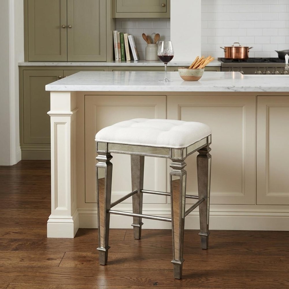 30" White And Silver Cotton And Wood Backless Counter Height Bar Chair