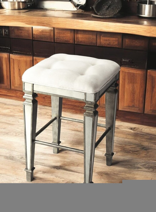 30" White and Silver Solid and Manufactured Wood Backless Counter Height Bar Chair