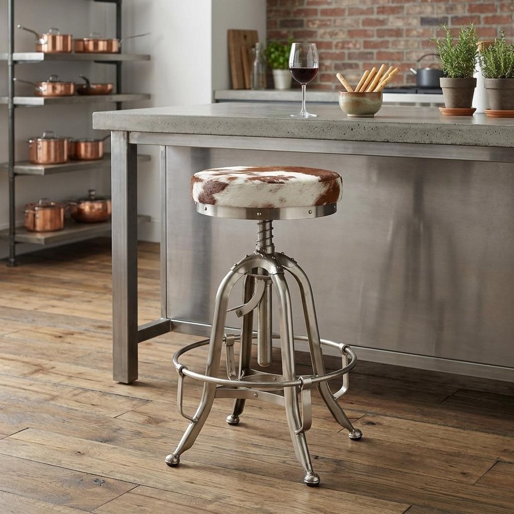 Brown White And Silver Genuine Leather And Iron Backless Swivel Bar Chair
