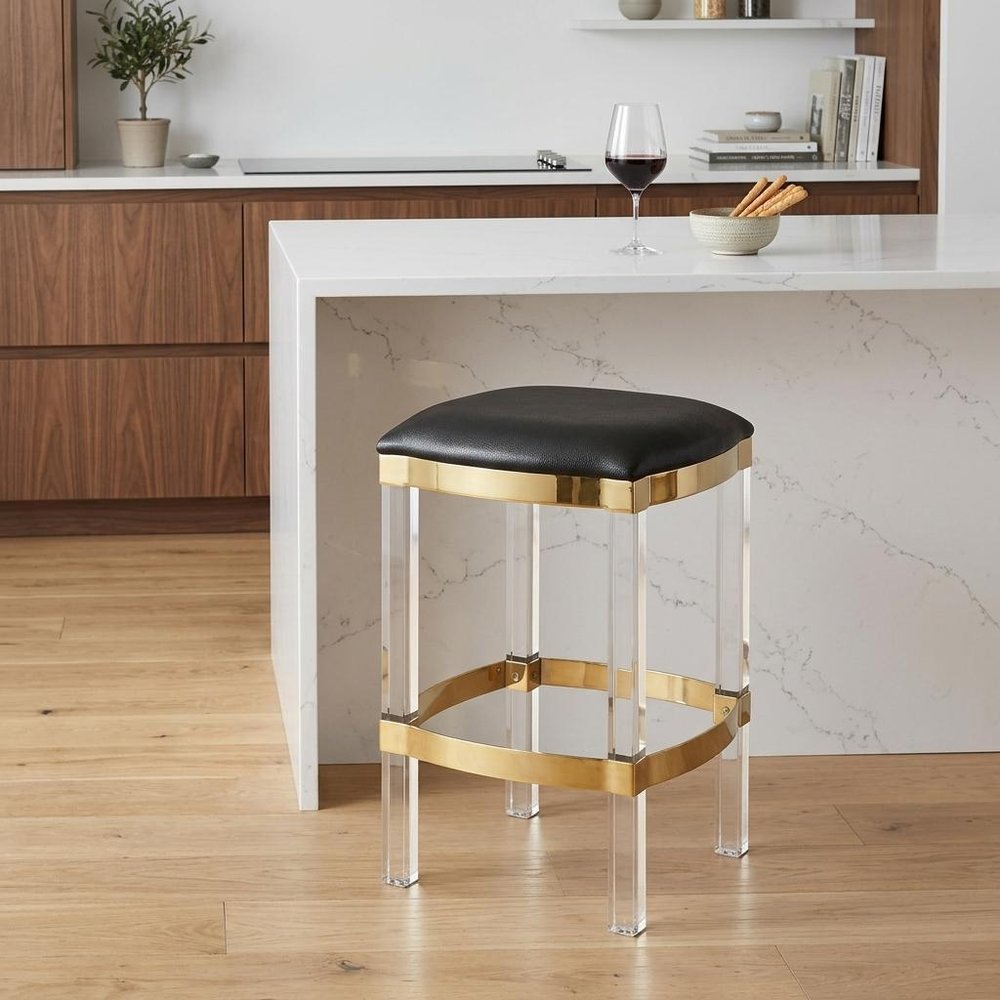 24" Black And Clear Faux Leather And Steel Backless Counter Height Bar Chair