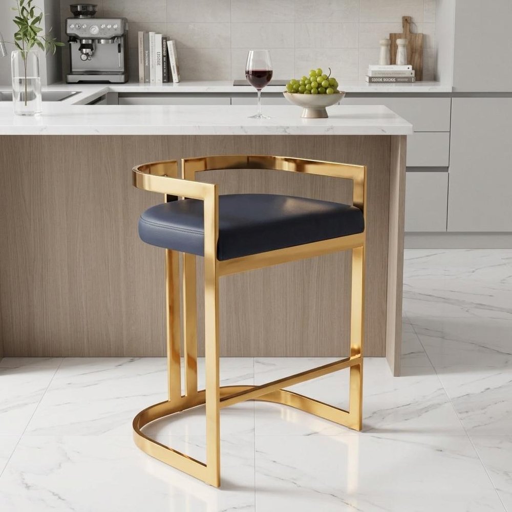 28" Black And Gold Faux Leather And Iron Low Back Counter Height Bar Chair