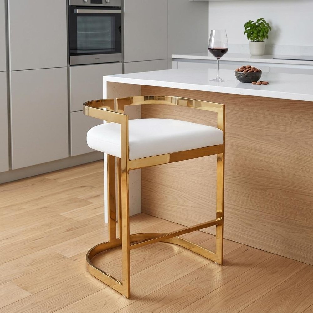 28" White And Gold Faux Leather And Iron Low Back Counter Height Bar Chair