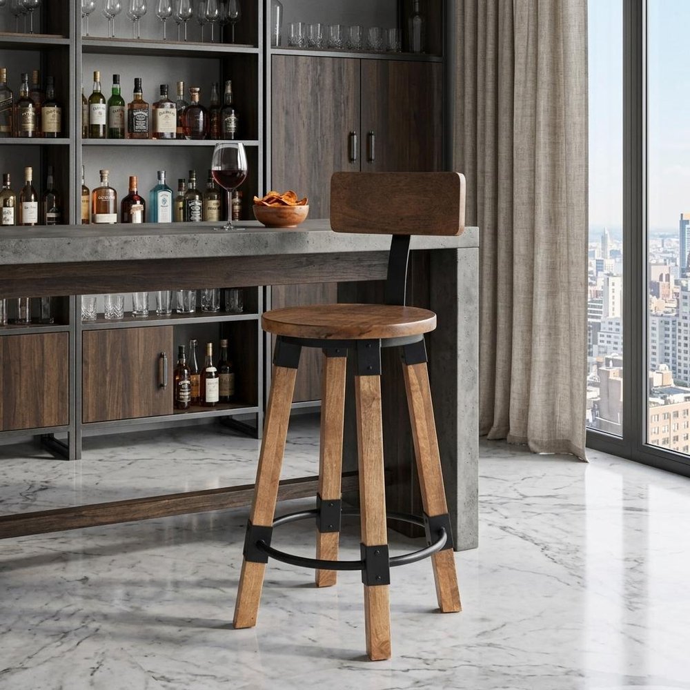 28" Brown And Natural Solid Wood And Iron Bar Chair