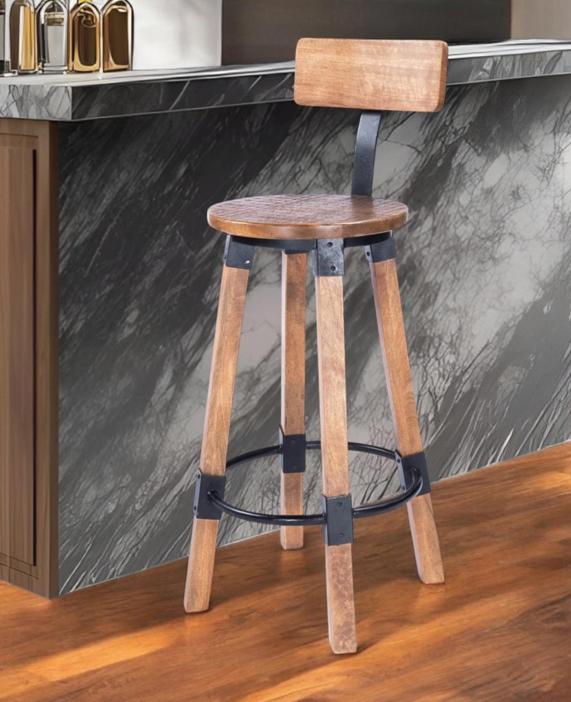 28" Brown And Natural Solid Wood And Iron Bar Chair