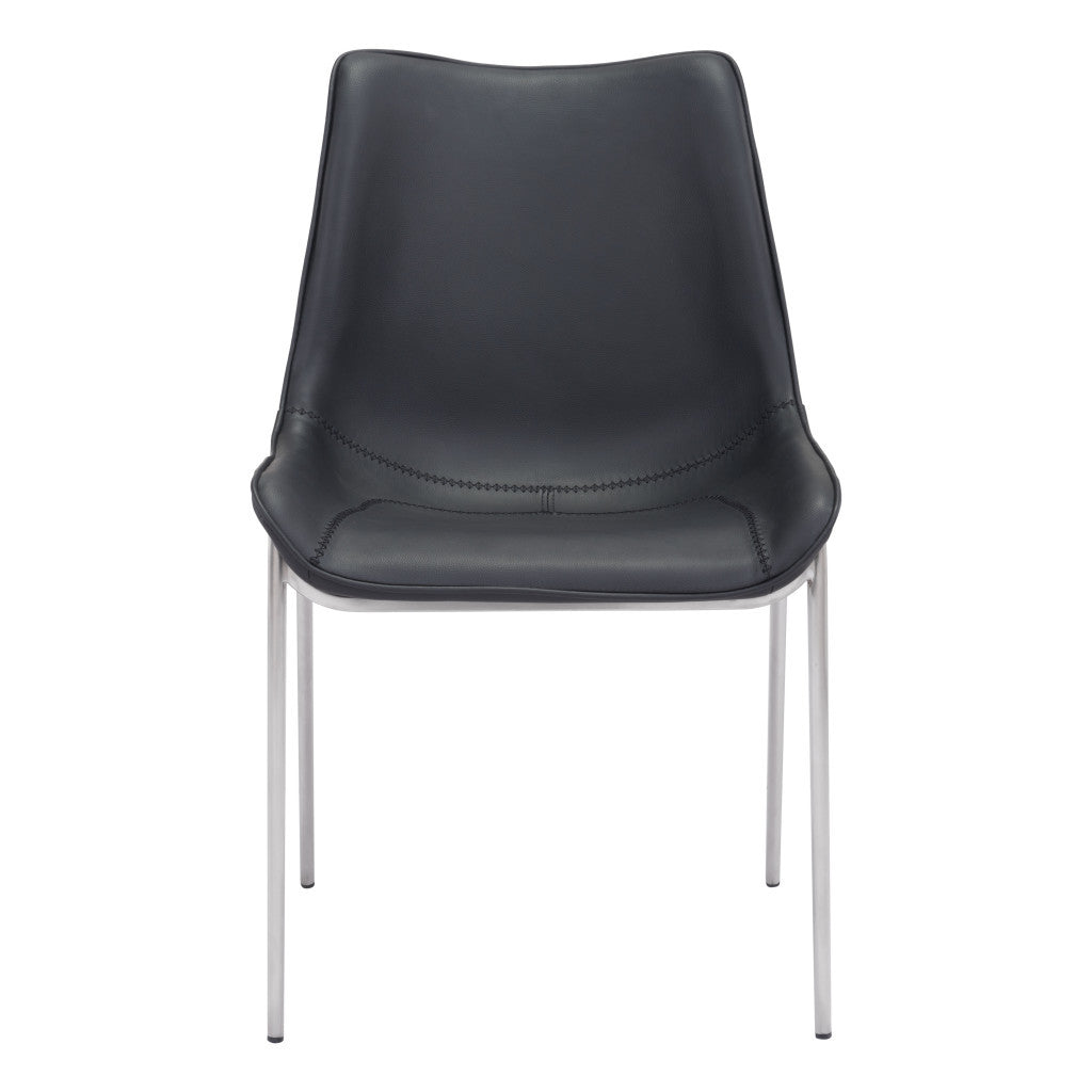 Set of Two Black and Silver Upholstered Faux Leather Dining Side Chairs