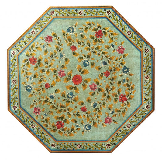 29" Green Wood Hexagon Abstract Floral Coffee Table