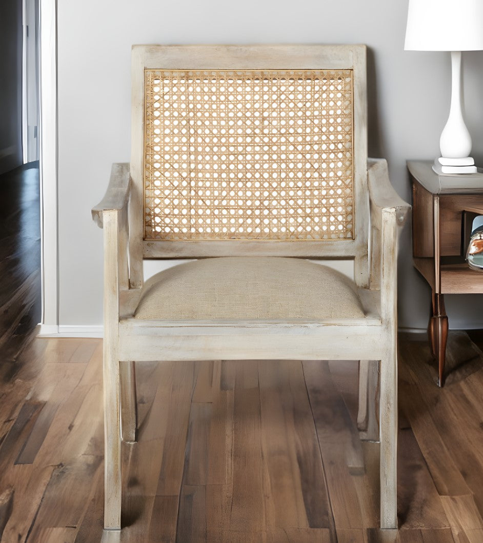 28" Cream and Natural Fabric Distressed Arm Chair