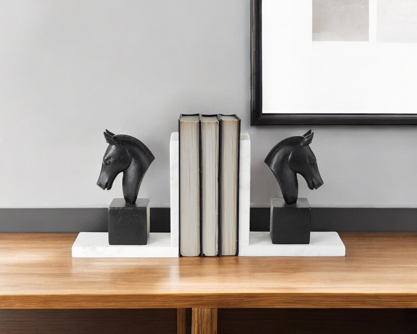 Set of Two 8" Black And White Marble And Resin Horse Decorative Bookends