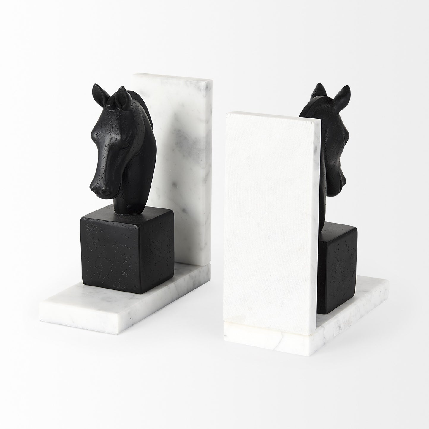 Set of Two 8" Black And White Marble And Resin Horse Decorative Bookends