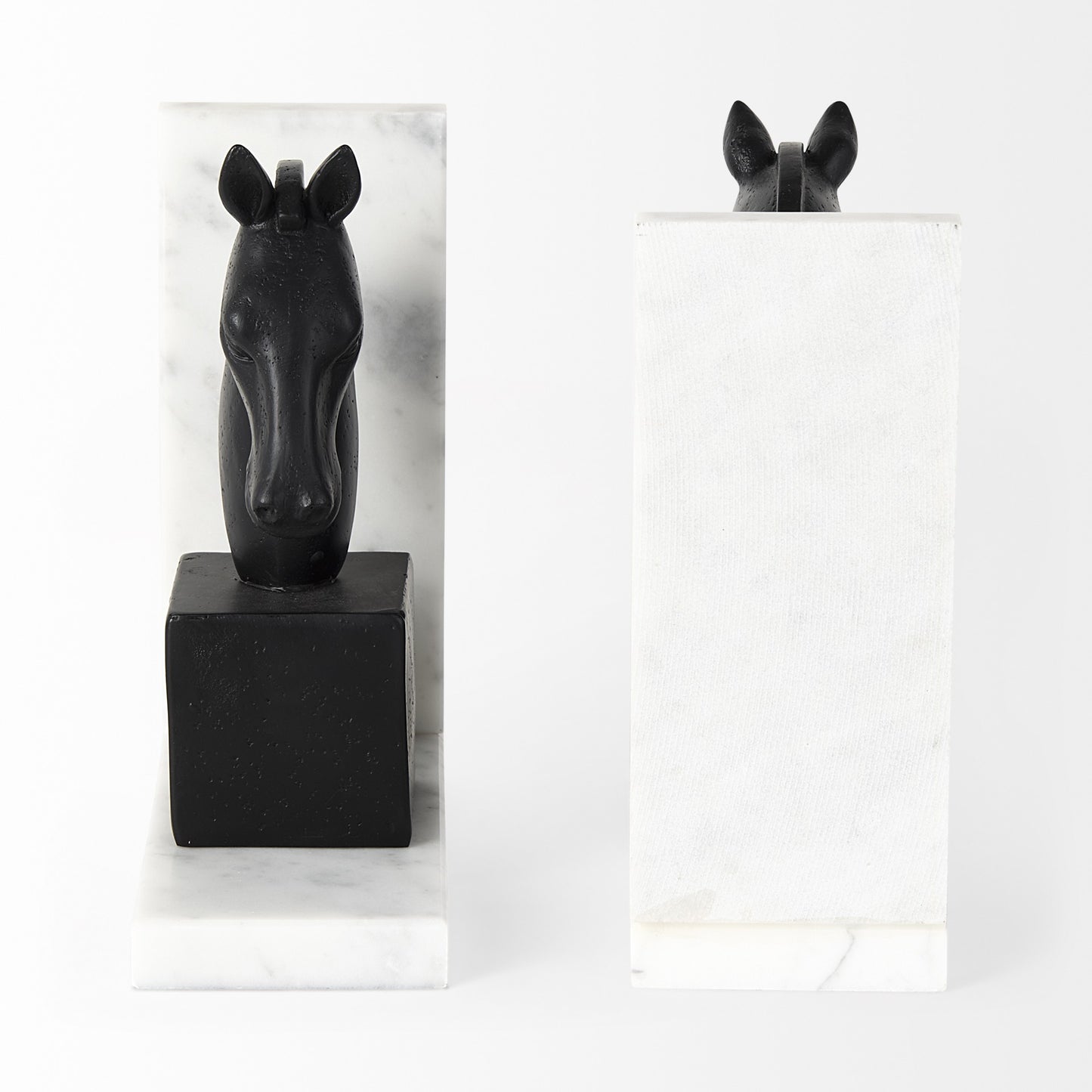 Set of Two 8" Black And White Marble And Resin Horse Decorative Bookends