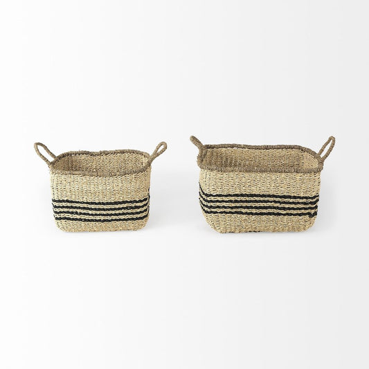 Set of Two Natural And Black Rattan Basket