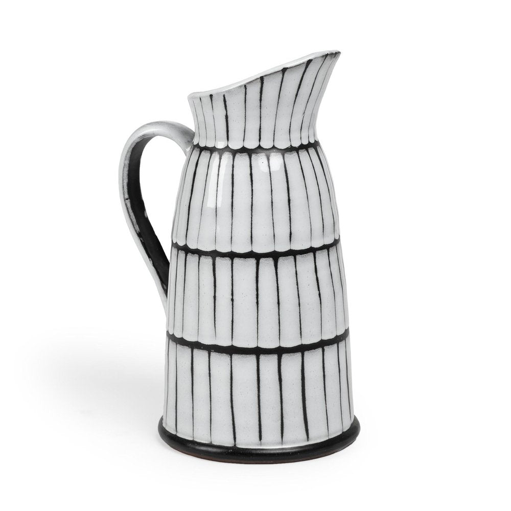 13" Black And White Ceramic Cylinder Jug Vase With Sculptural Details