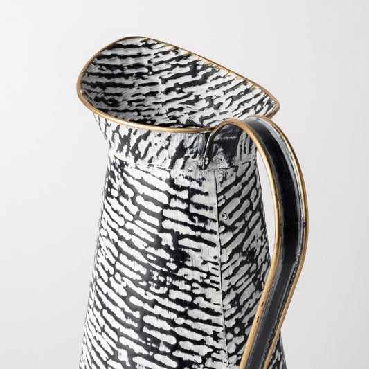 14" Black And White Abstract Cylinder Metal Jug Vase