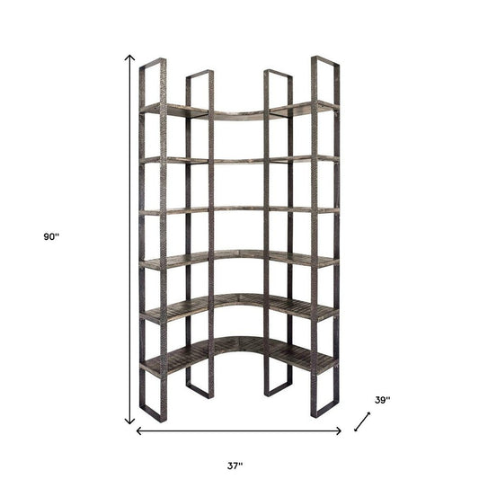 Brown Iron and Solid Wood Six Tier Bookcase