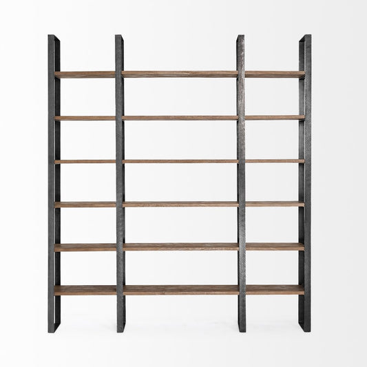 Brown Iron and Solid Wood Six Tier Bookcase