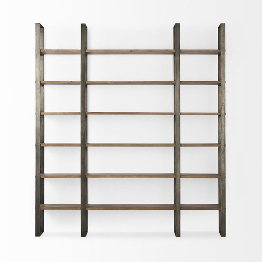 Brown Nickel and Solid Wood Six Tier Bookcase