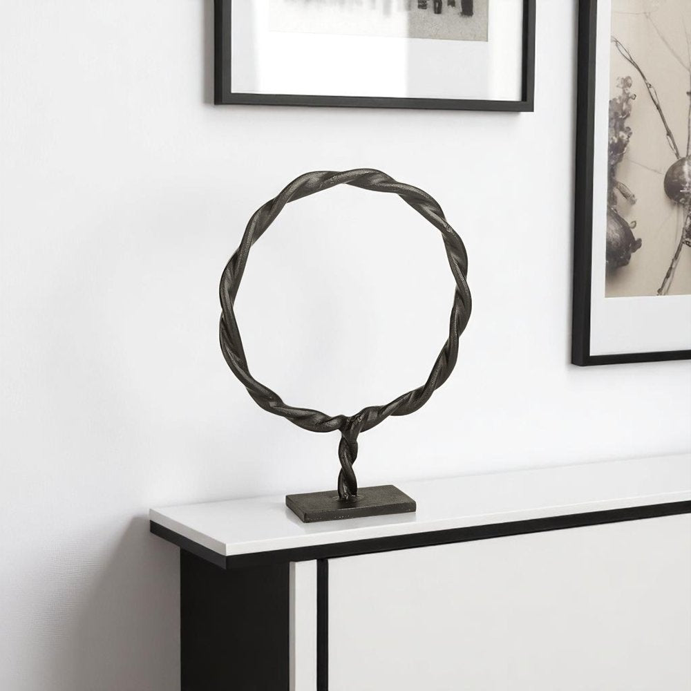 15" Black Metal Round Braided Tabletop Sculpture