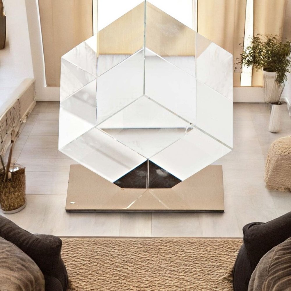 6" Optical Glass Cube And Gold Sculpture