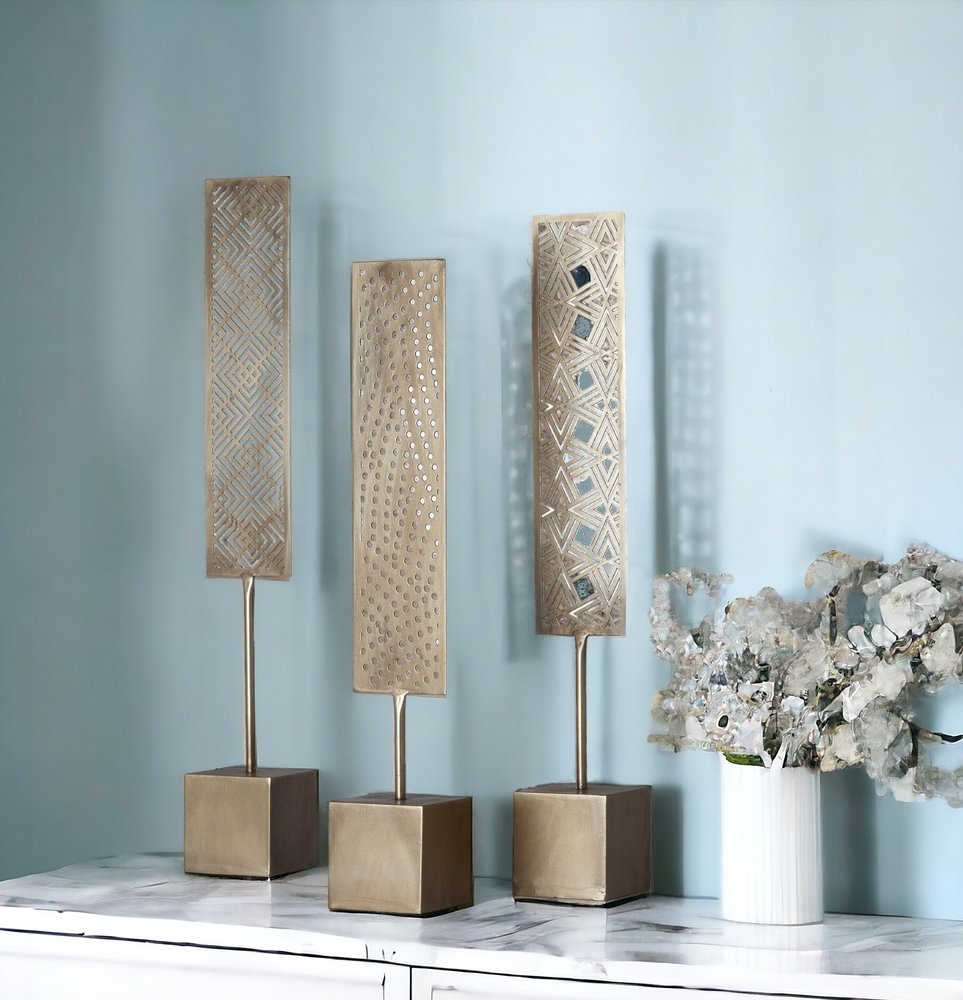 Set of Three Gold Metal Modern Abstract Tabletop Sculpture