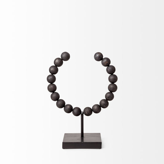 12" Black Wood and Metal Abstract Beaded Tabletop Sculpture