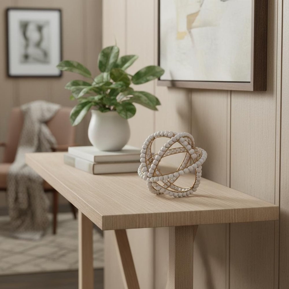 9" White Wooden Bead And Gold Orb Sculpture