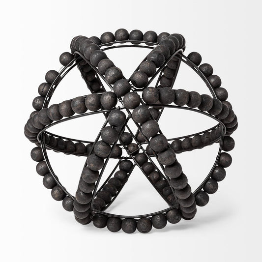 12" Black Wood Bead And Metal Decorative Orb Sculpture