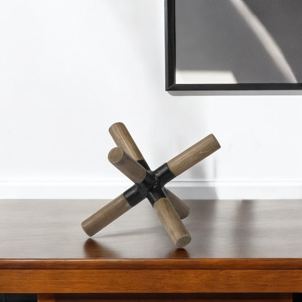 5" Brown Metal And Wood Modern Abstract Tabletop Sculpture