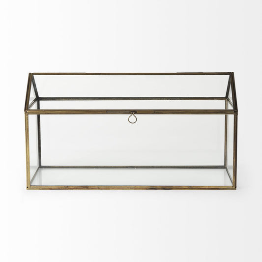 16" Clear And Gold Glass And Metal Terrarium House Organizing Box