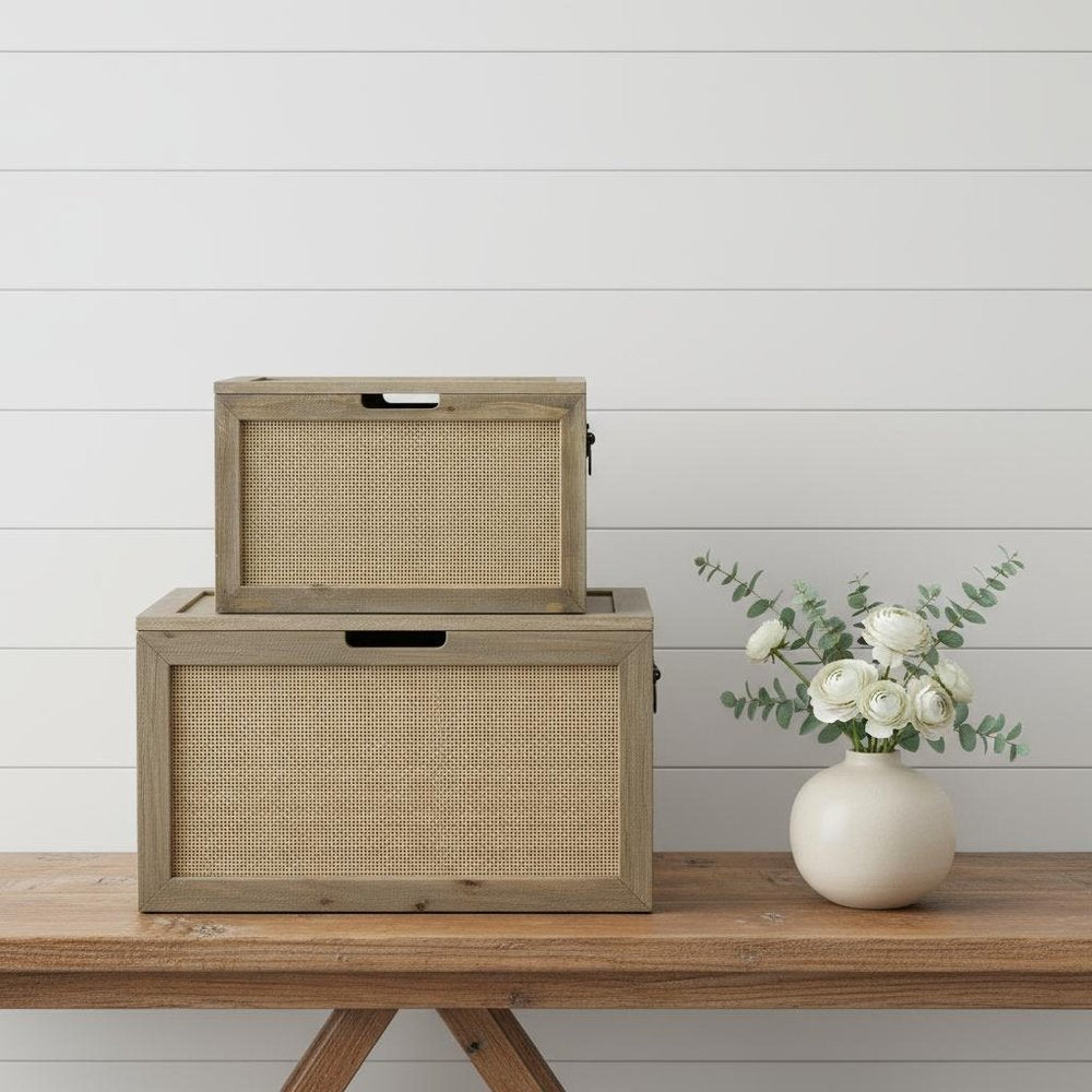 Set of Two Brown And Natural Cane And Solid Wood Box With Lid