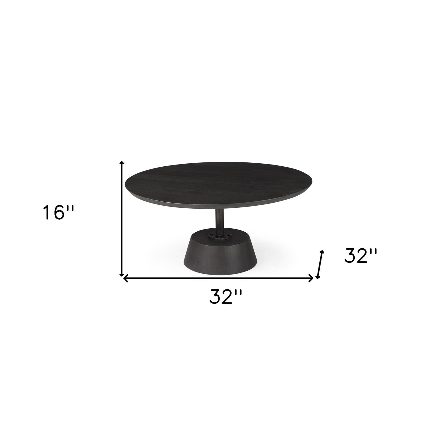 32" Dark Brown and Black Solid Wood and Iron Round Pedestal Coffee Table