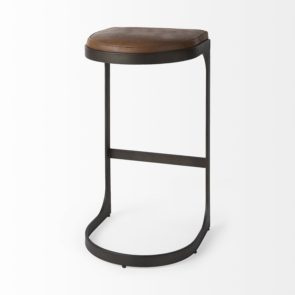 35" Black Leather and Metal Backless Bar Chair