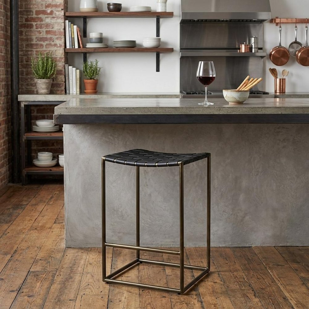 29" Black And Bronze Leather And Metal Backless Counter Height Bar Chair