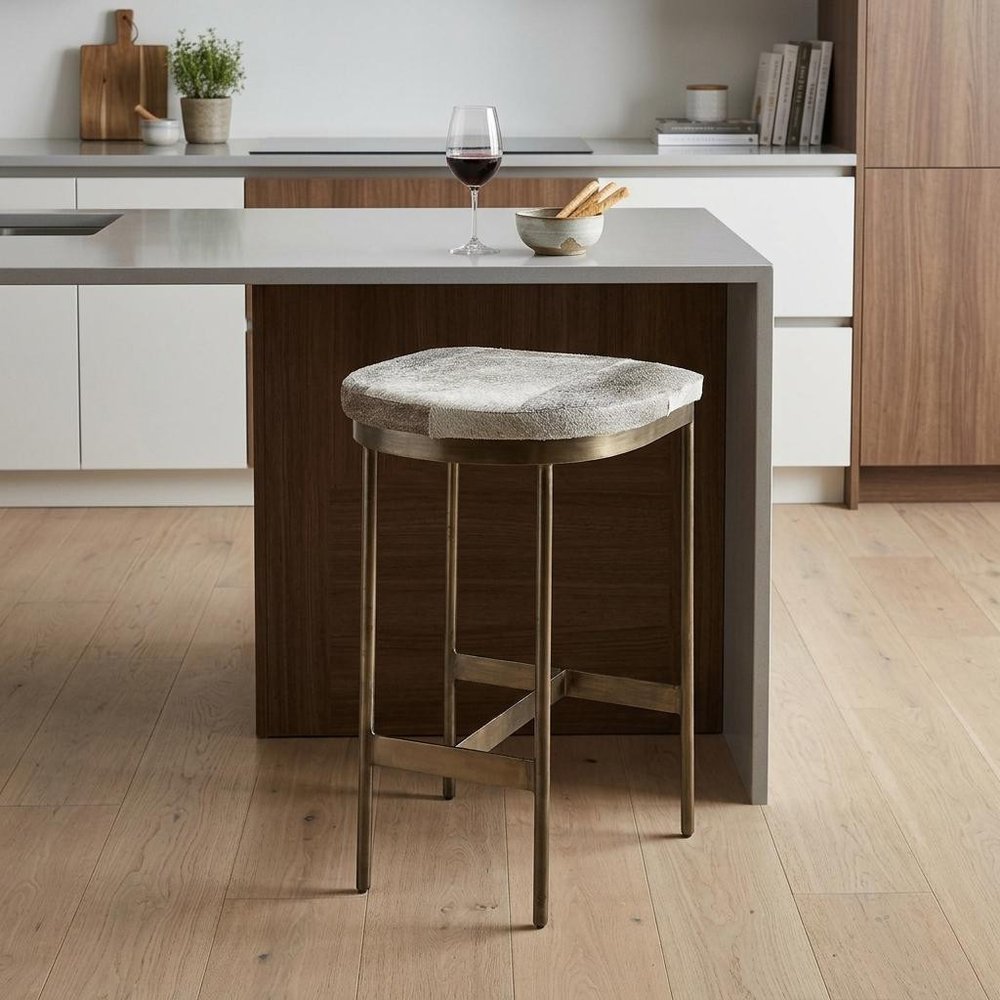 29" Gray And Gold Hair on Hide Leather And Iron Backless Counter Height Bar Chair