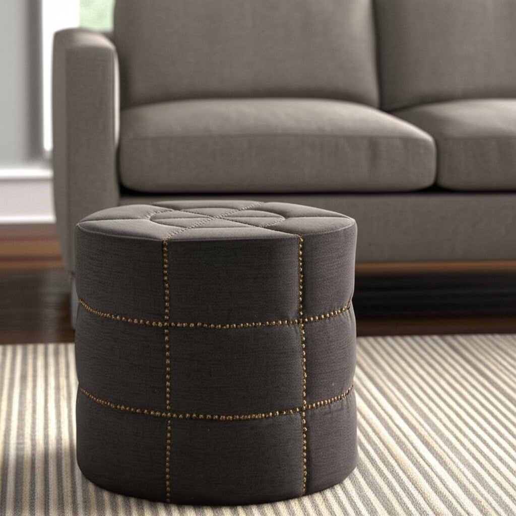 20" Gray Fabric Tufted Round Footstool