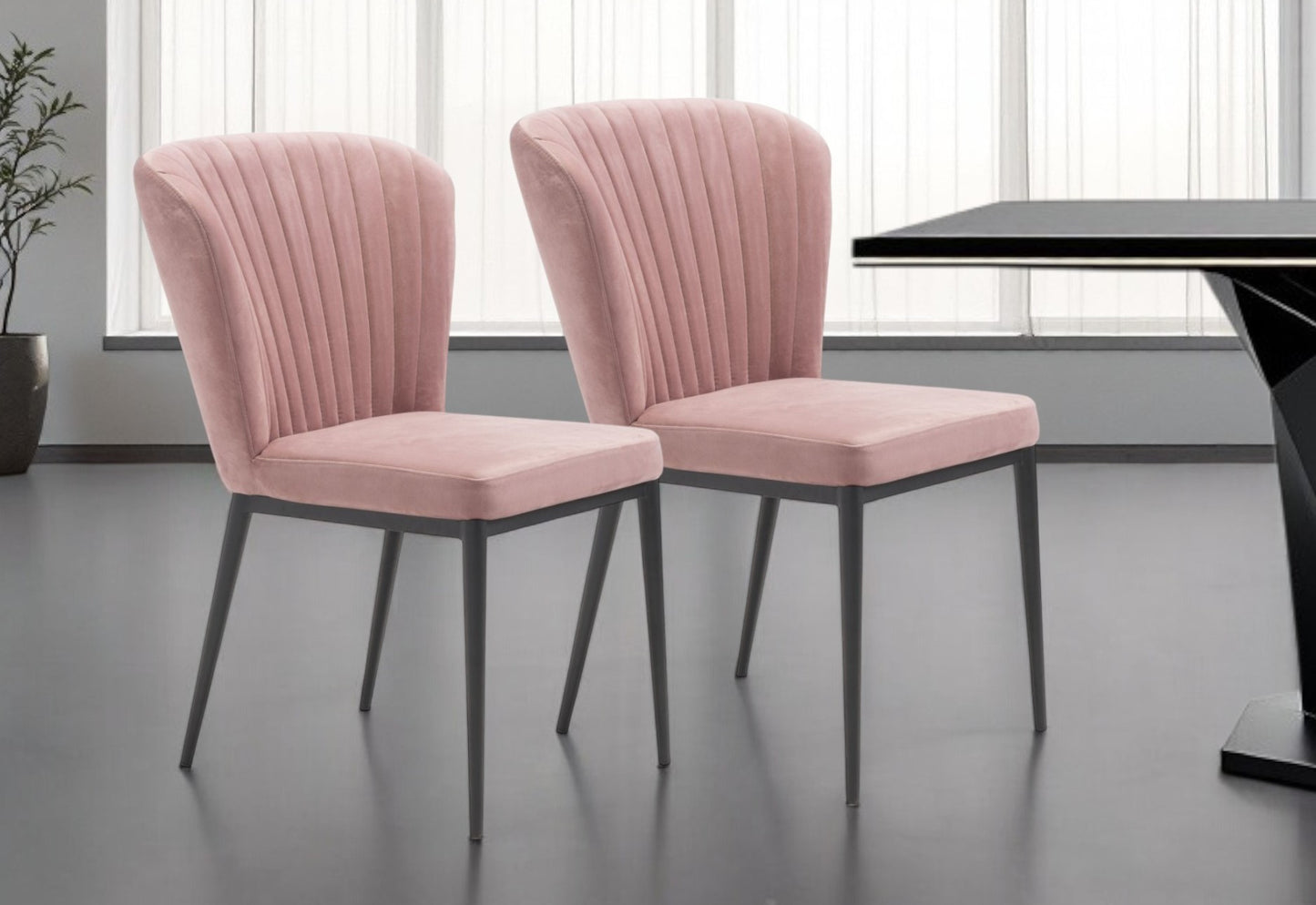 Set of Two Tufted Pink and Black Upholstered Velvet Wing Back Dining Side Chairs