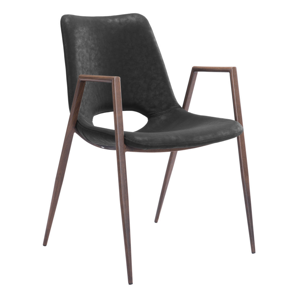Set of Two Black And Brown Upholstered Faux Leather Open Back Dining Arm Chairs