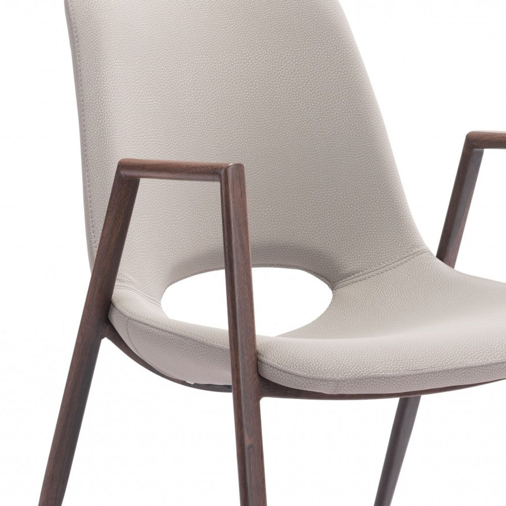 Set of Two Beige and Brown Upholstered Faux Leather Dining Arm Chairs