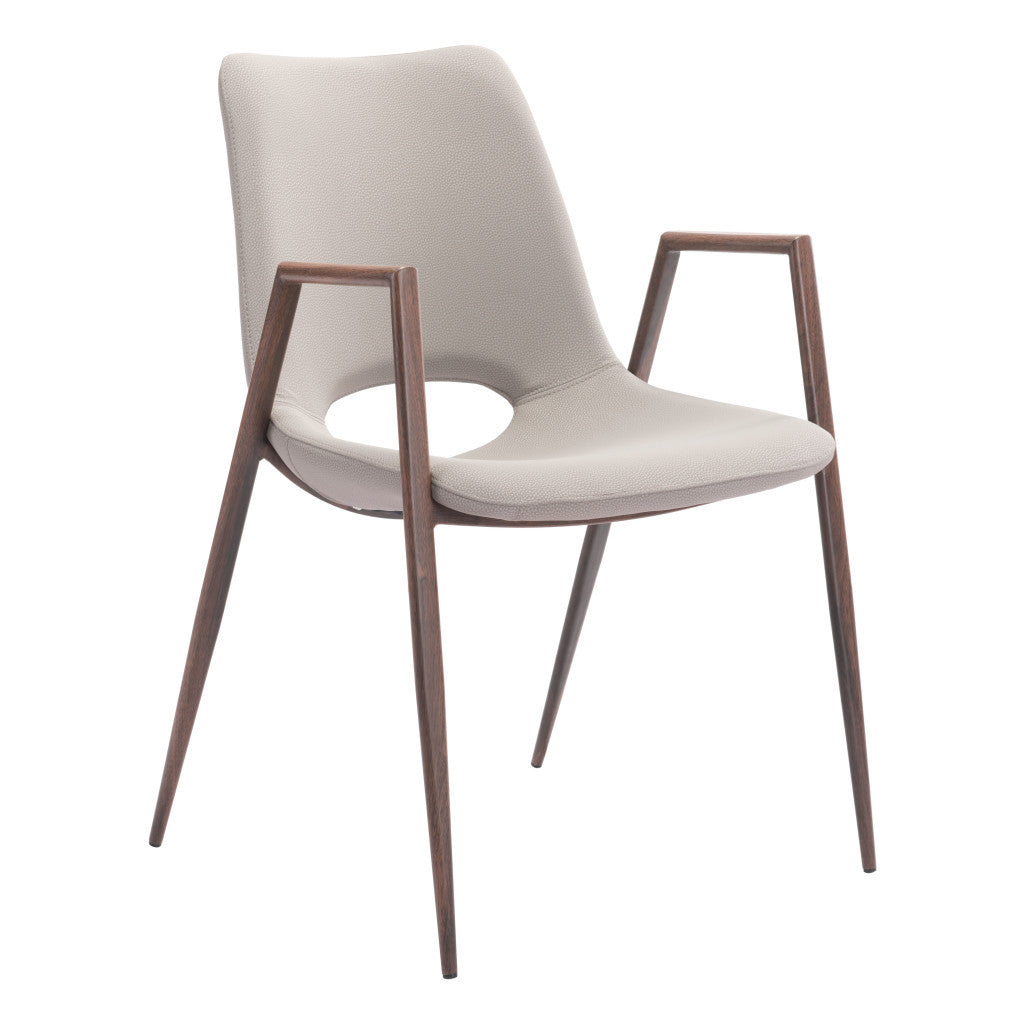 Set of Two Beige and Brown Upholstered Faux Leather Dining Arm Chairs
