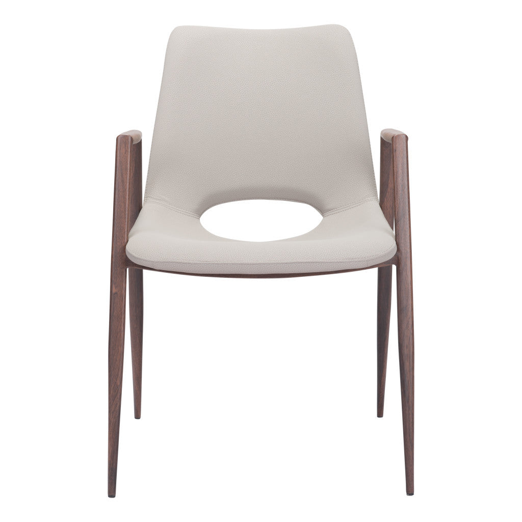 Set of Two Beige and Brown Upholstered Faux Leather Dining Arm Chairs