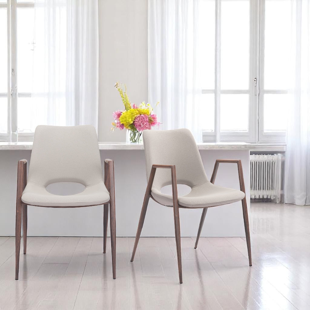 Set of Two Beige and Brown Upholstered Faux Leather Dining Arm Chairs