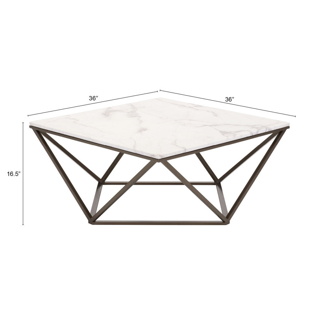 36" White and Antiqued Brass Faux Marble And Steel Square Abstract Coffee Table
